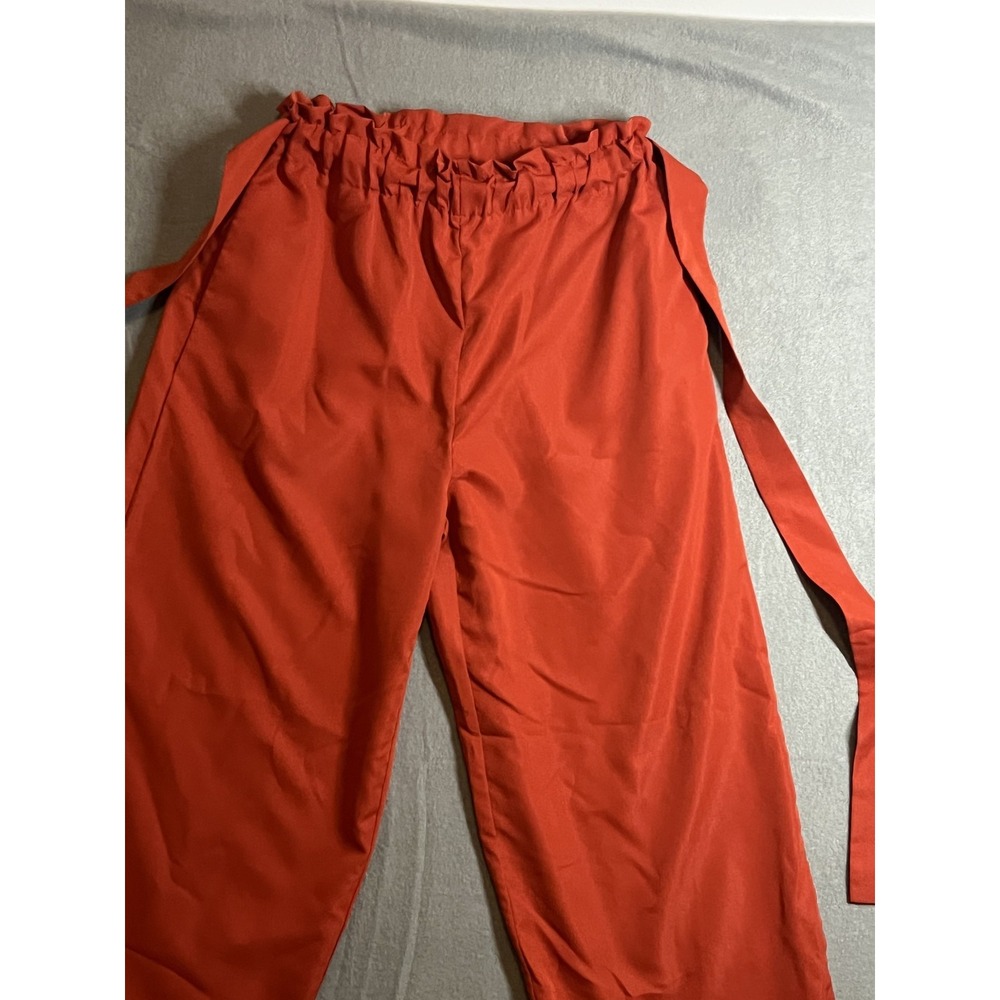 Women's Burnt Orange Paperbag Waist Wide Leg Pants with Tie Belt Size L - Picture 3 of 8